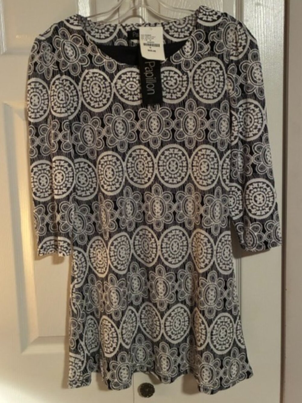 NWT Size S Papillon Suzanne's Black White Geometric Floral Lined Tunic
